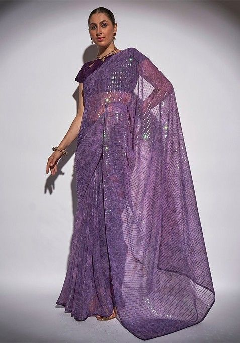 Purple Sequin Embroidered Georgette Saree Set