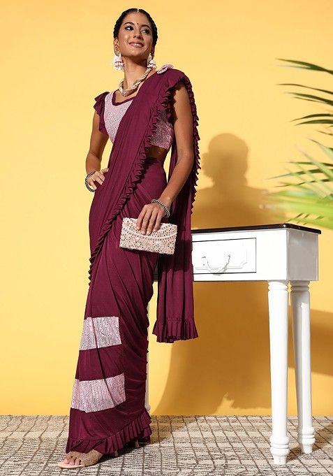 Burgundy Embellished Poly Blend Saree Set