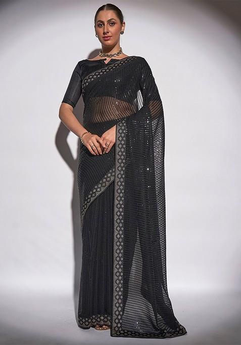 Black Sequin Embellished Georgette Saree Set