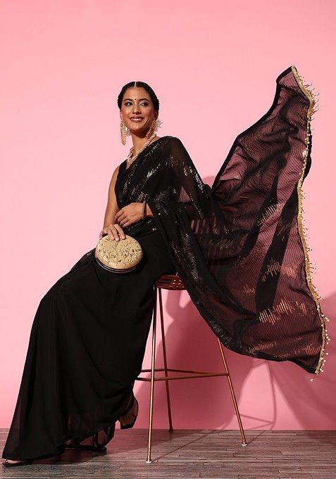 Black Embellished Poly Blend Saree Set