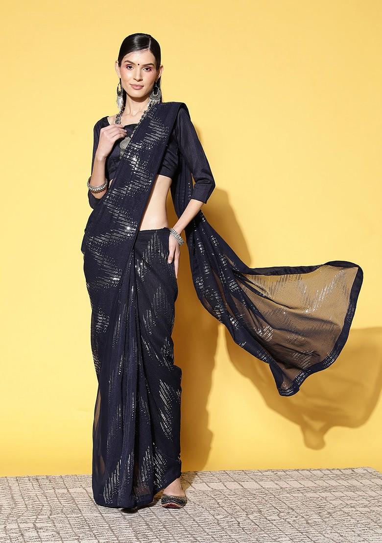 Navy Blue Sequin Embellished Poly Blend Saree Set