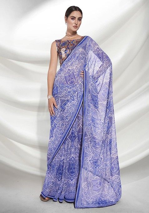 Blue Printed Ethnic Motifs Georgette Saree Set