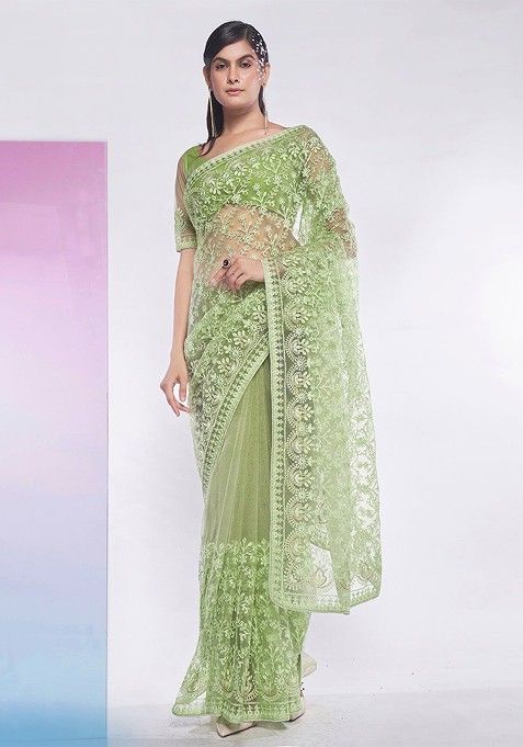 Green Floral Embroidered Net Saree Set