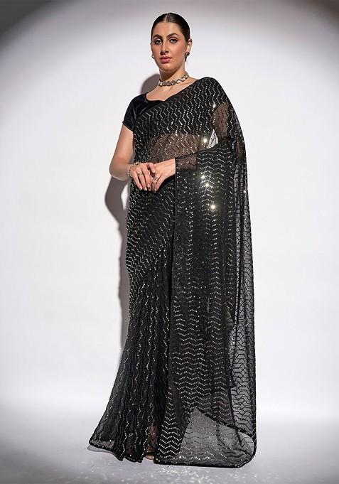 Black Sequin Embroidered Georgette Saree Set