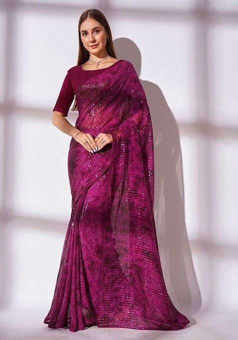 Purple Sequin Embellished Georgette Saree Set