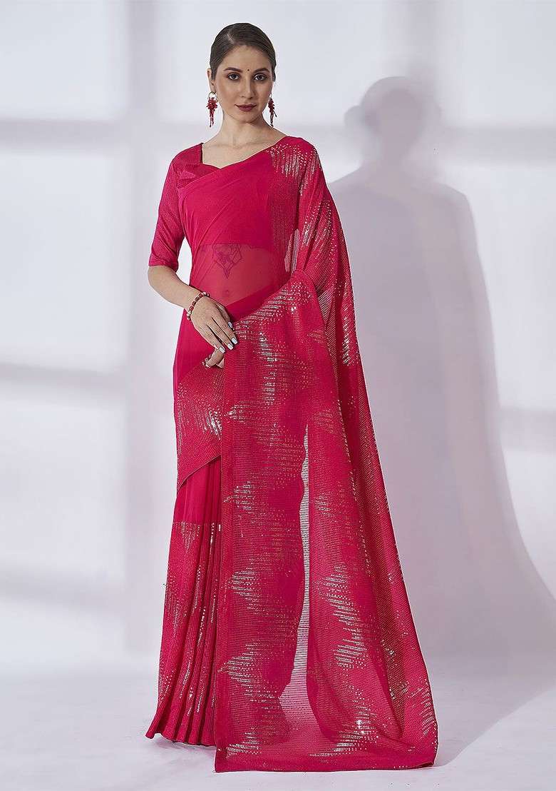 Pink Sequin Embellished Georgette Saree Set - Indya