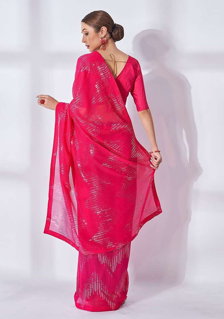 Pink Sequin Embellished Georgette Saree Set - Indya