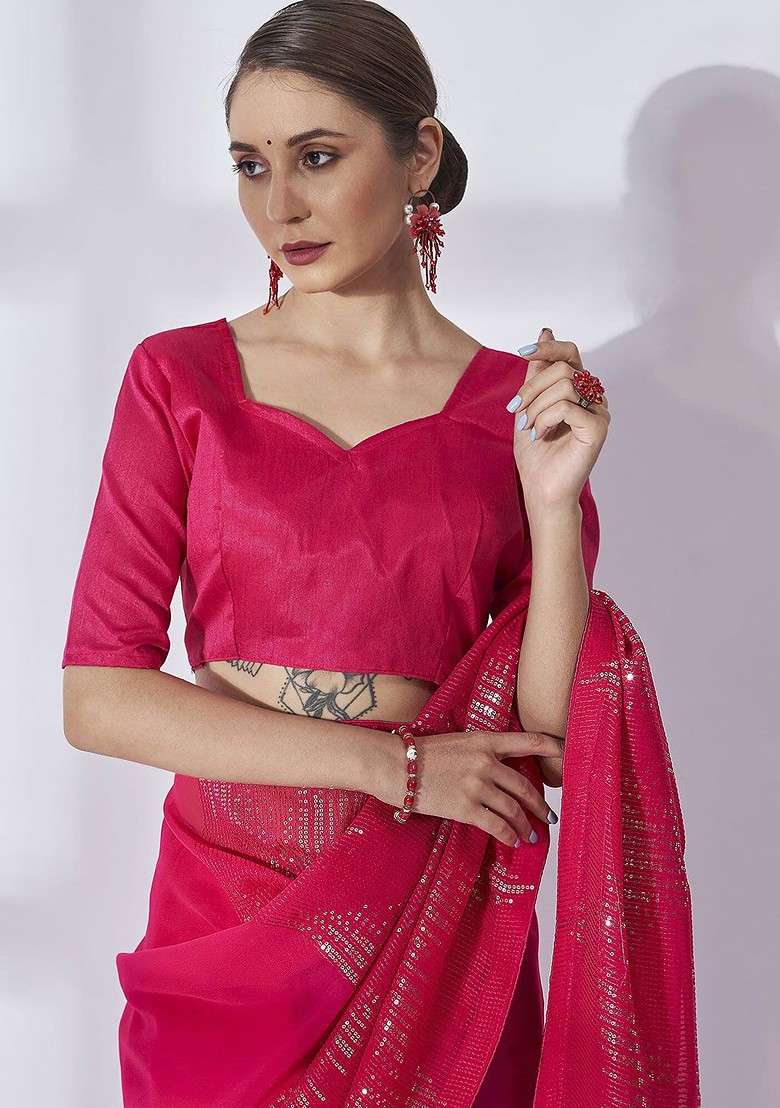 Pink Sequin Embellished Georgette Saree Set - Indya