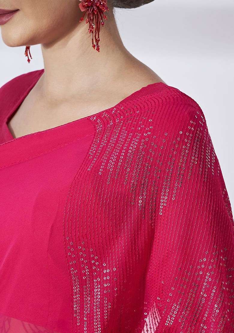 Pink Sequin Embellished Georgette Saree Set - Indya