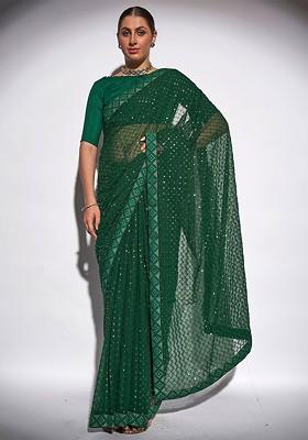 Green Sequin Embellished Georgette Saree Set