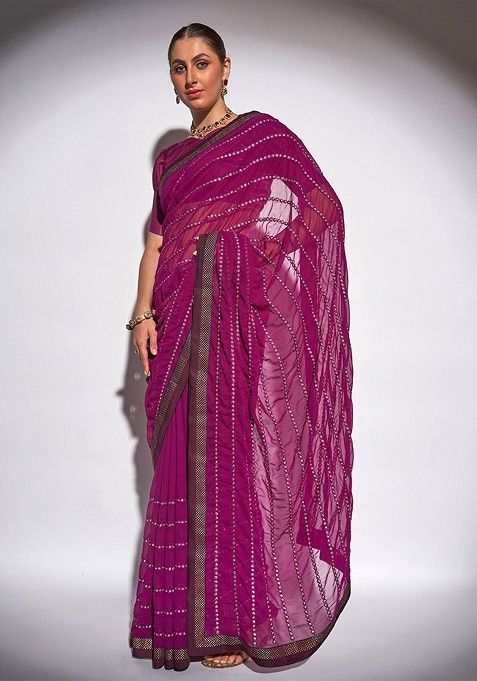 Purple Bead Embellished Georgette Saree Set