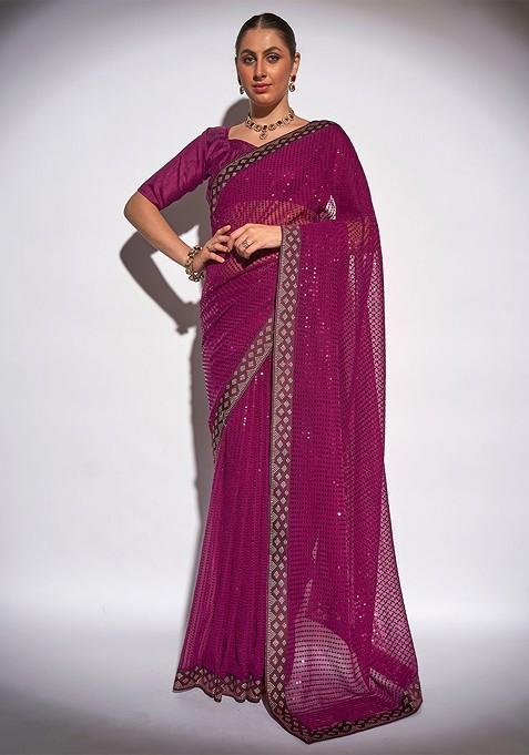 Purple Sequin Embroidered Georgette Saree Set