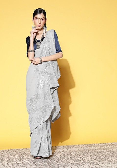 Grey Embellished Poly Blend Saree Set