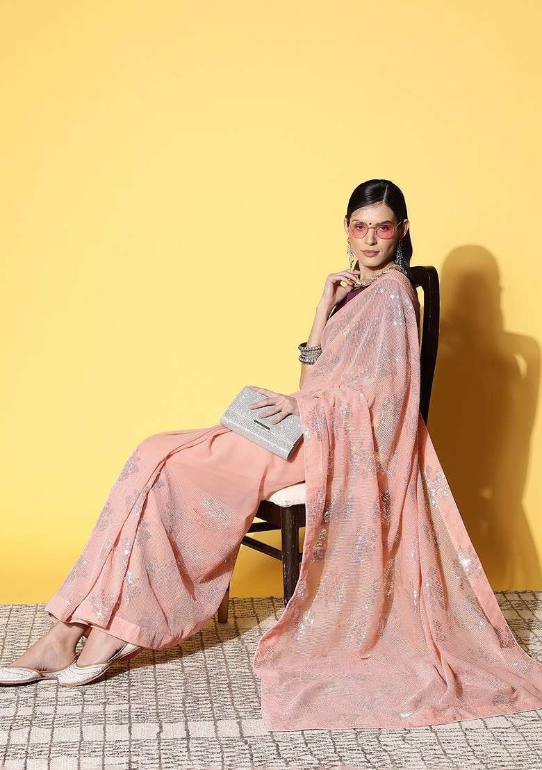 Peach Embellished Poly Blend Saree Set - Indya