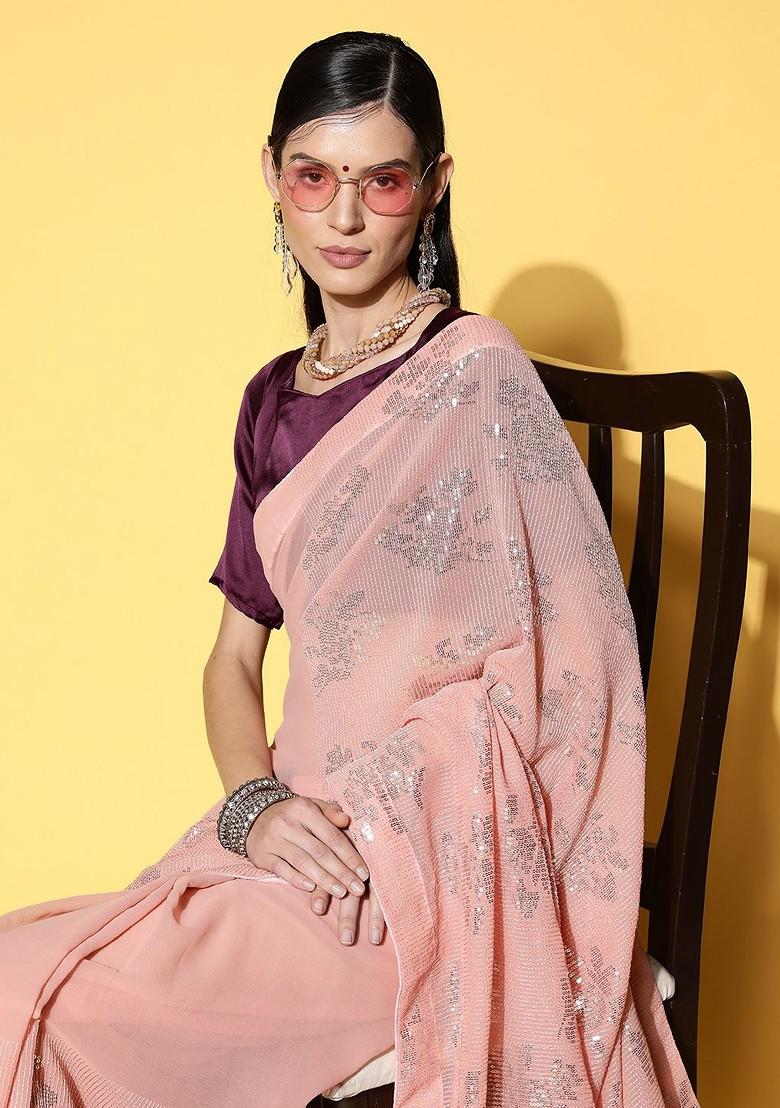 Peach Embellished Poly Blend Saree Set