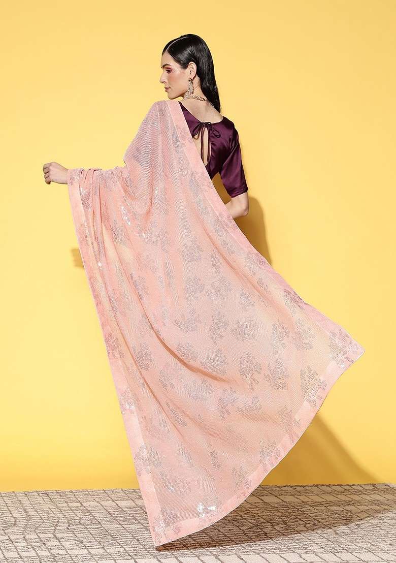 Peach Embellished Poly Blend Saree Set - Indya