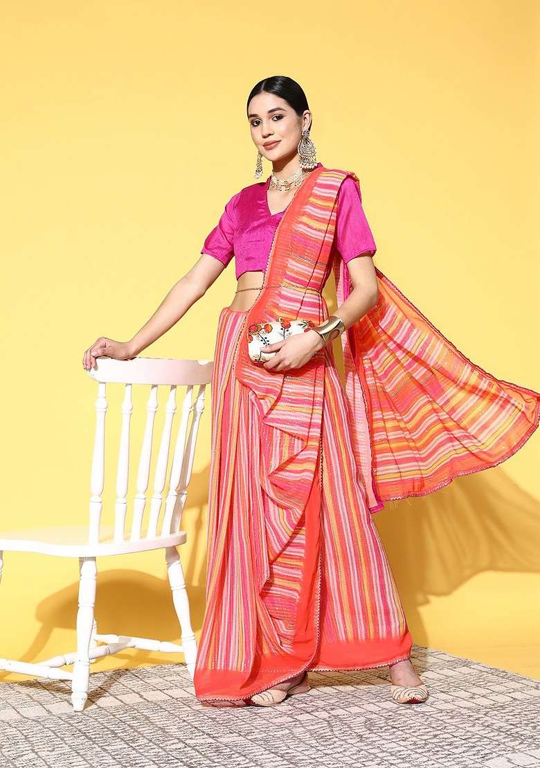 Orange Sequin Embellished Poly Blend Saree Set - Indya