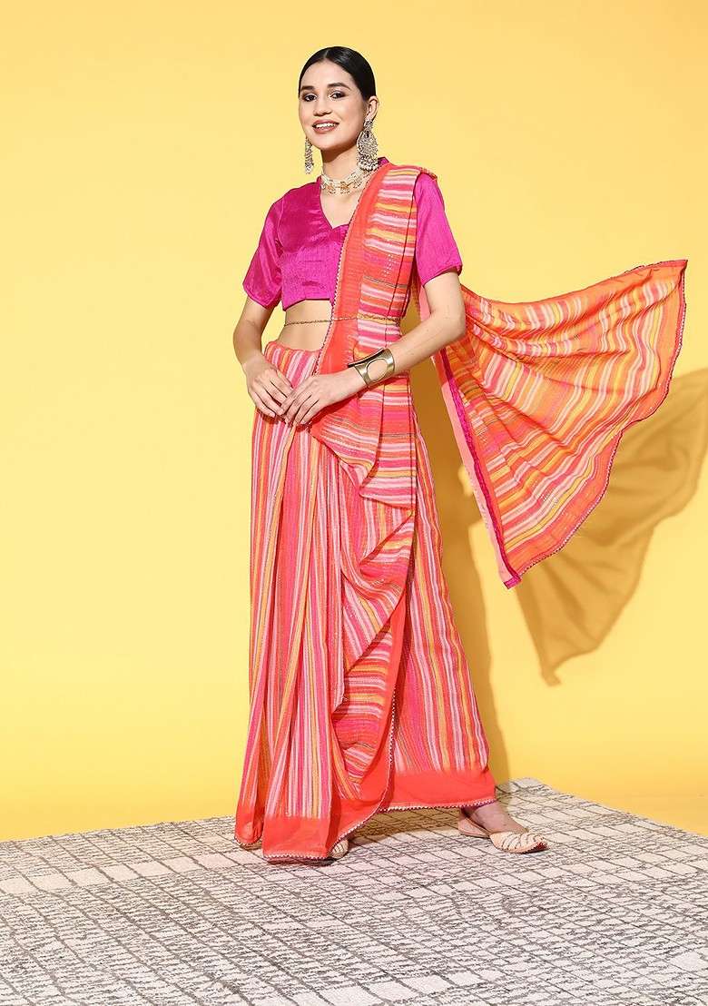 Orange Sequin Embellished Poly Blend Saree Set - Indya