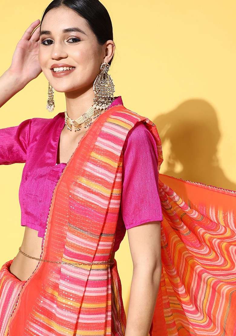 Orange Sequin Embellished Poly Blend Saree Set - Indya