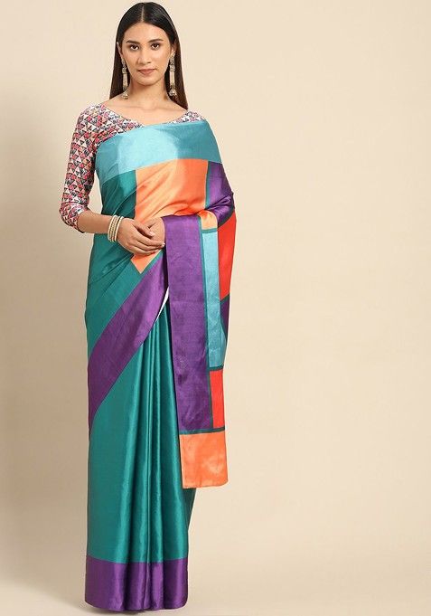 Blue Colourblocked Poly Blend Saree Set