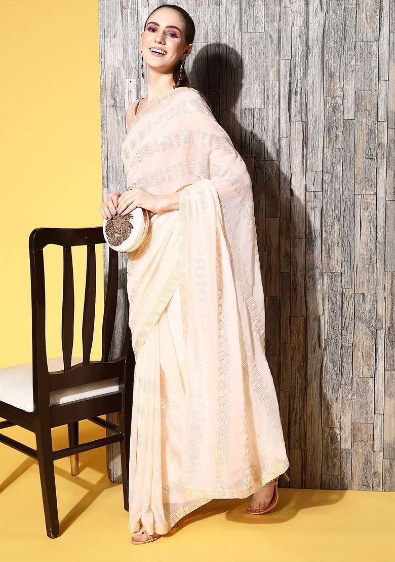 Cream Embellished Poly Blend Saree Set - Indya