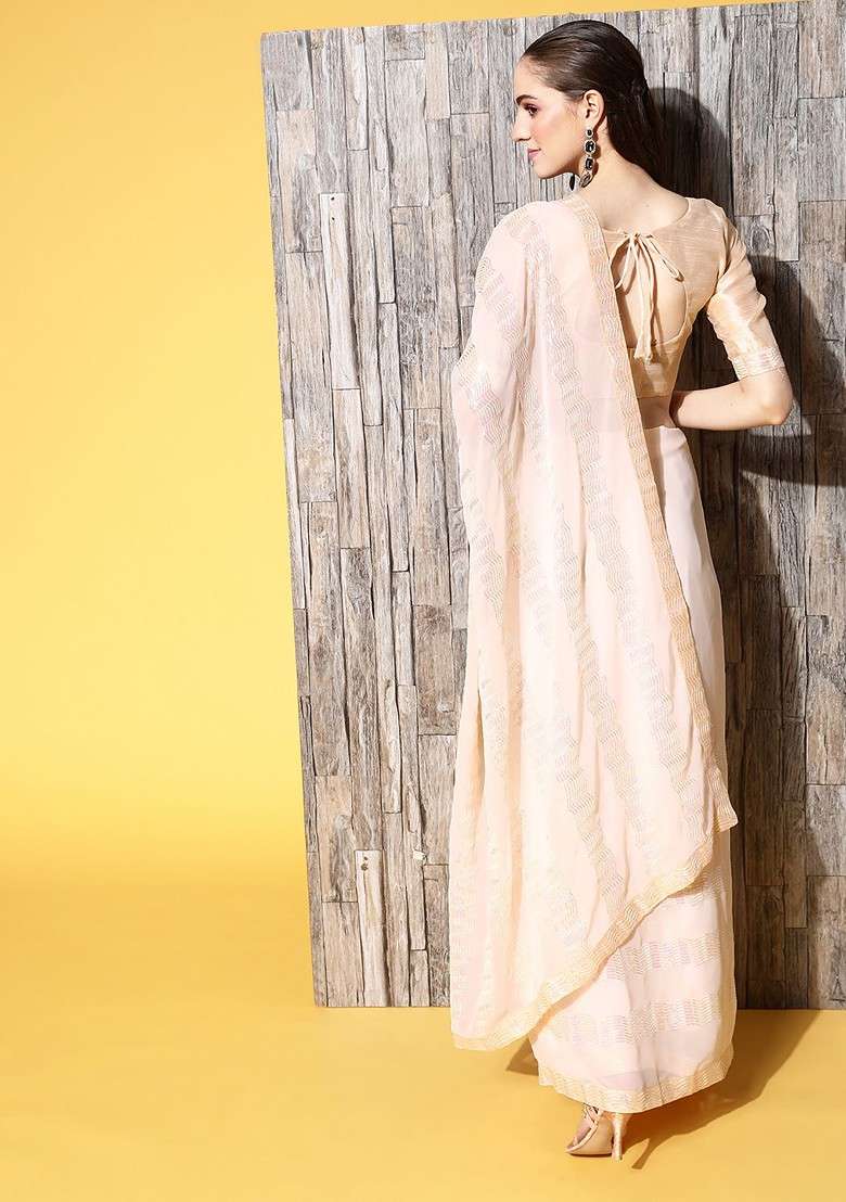 Cream Embellished Poly Blend Saree Set - Indya