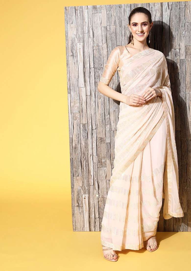 Cream Embellished Poly Blend Saree Set - Indya