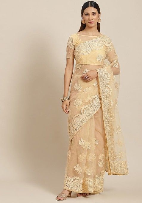 Beige Floral Embroidered Net Saree Set