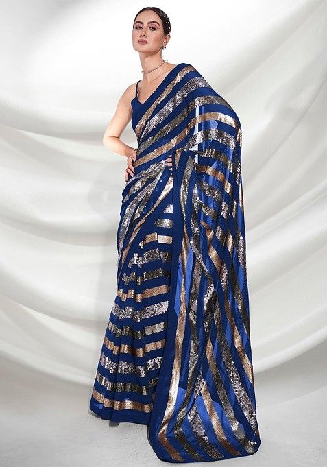 Teal Blue Sequin Embellished Georgette Saree Set