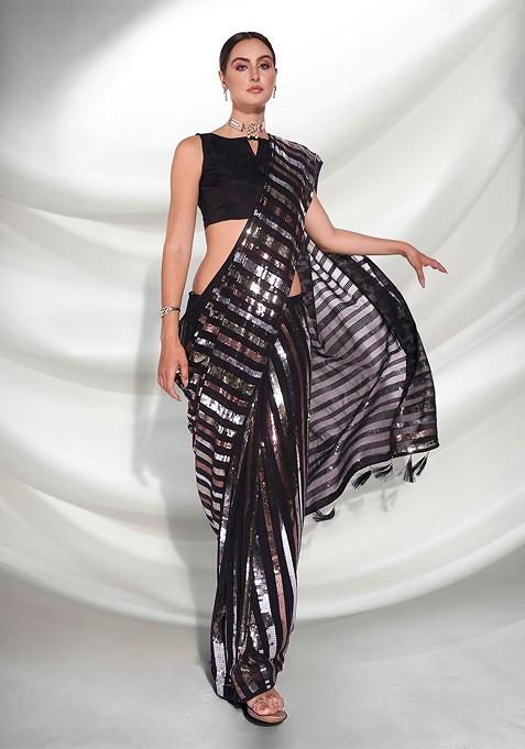 Black Sequin Embellished Georgette Saree Set