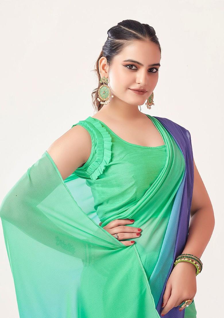 Green Solid Georgette Saree Set