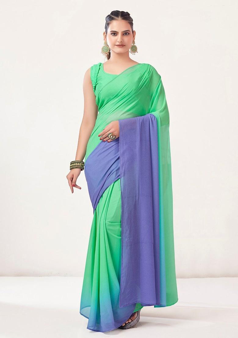 Green Solid Georgette Saree Set