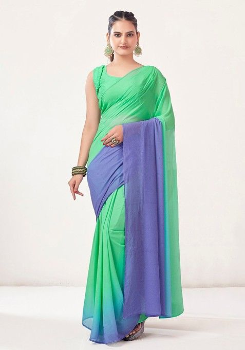 Green Solid Georgette Saree Set