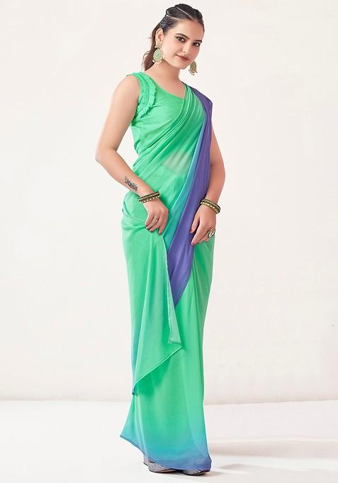 Green Solid Georgette Saree Set