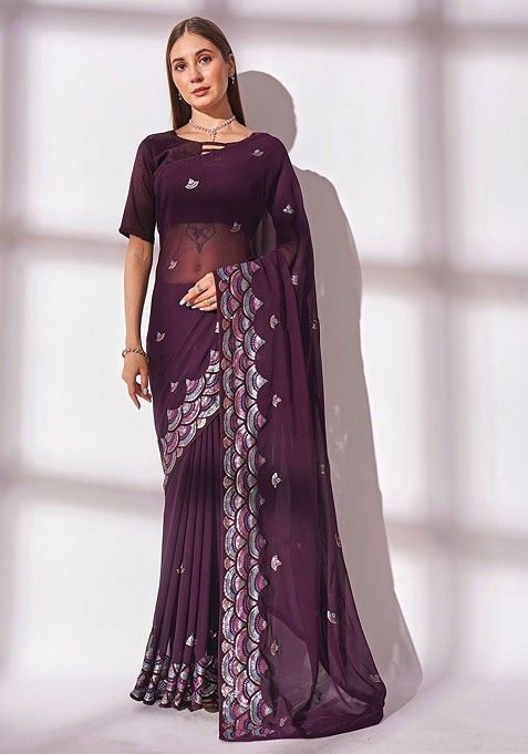 Magenta Sequin Embellished Georgette Saree Set