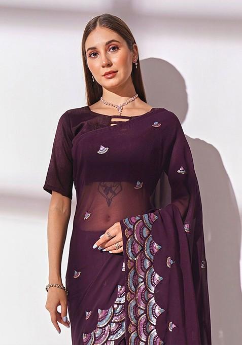 Women's Georgette Magenta Embellished Designer Saree With Blouse Piece