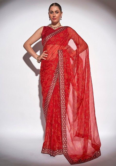 Red Floral Print Georgette Saree Set