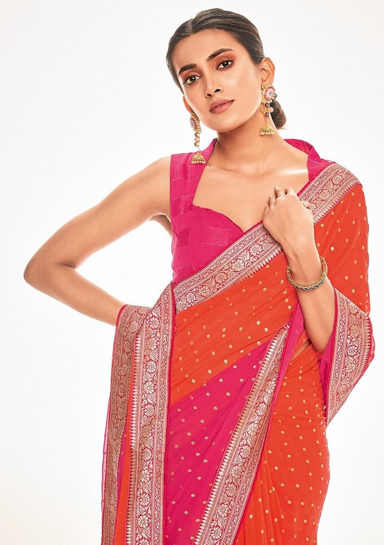 Pink Foil Print Georgette Saree Set