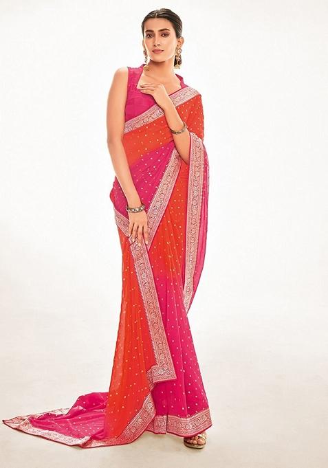 Pink Foil Print Georgette Saree Set