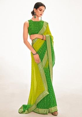 Green Foil Print Georgette Saree Set