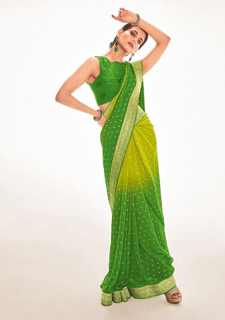 Green Foil Print Georgette Saree Set