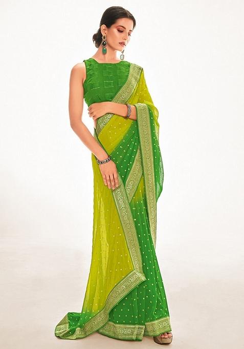 Green Foil Print Georgette Saree Set