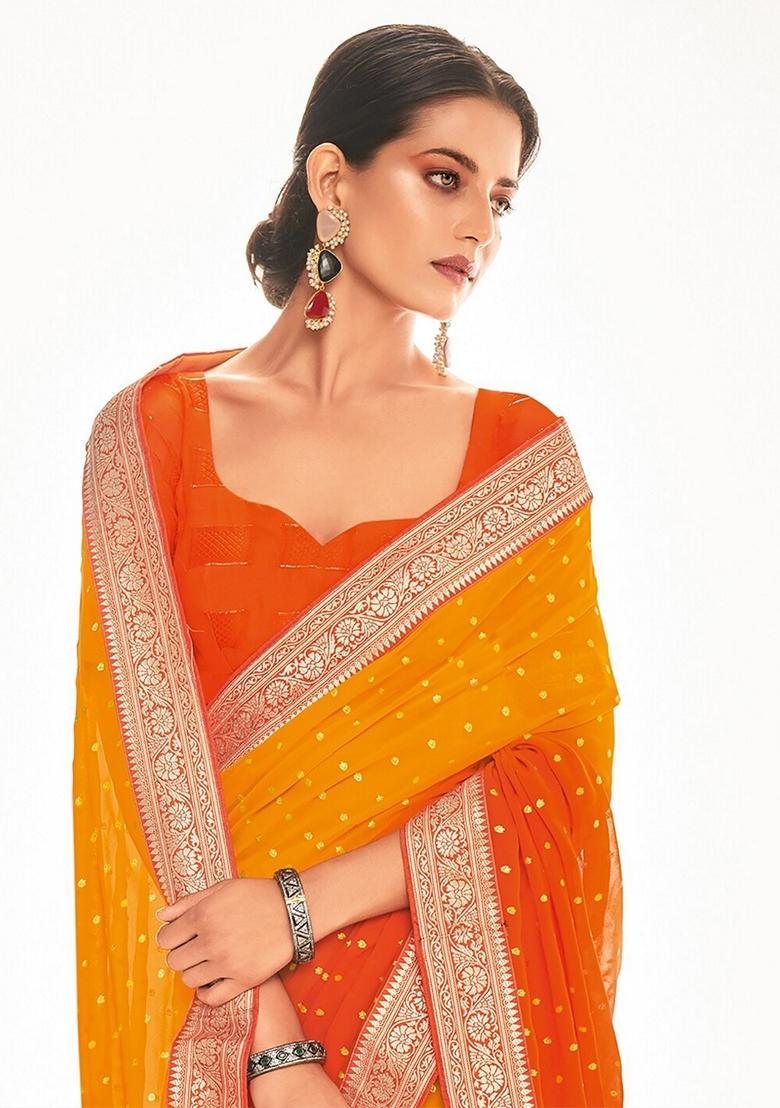 Orange Foil Print Georgette Saree Set