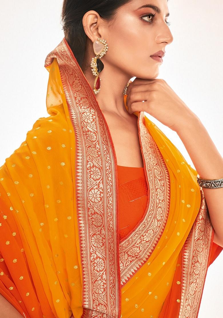 Orange Foil Print Georgette Saree Set