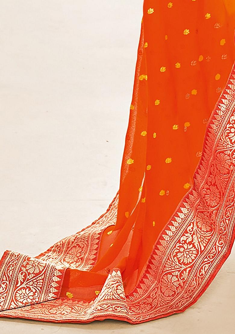 Orange Foil Print Georgette Saree Set