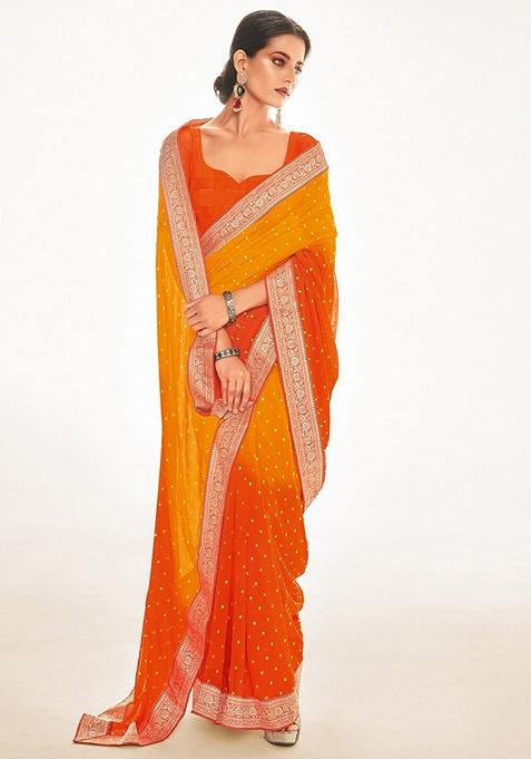 Orange Foil Print Georgette Saree Set