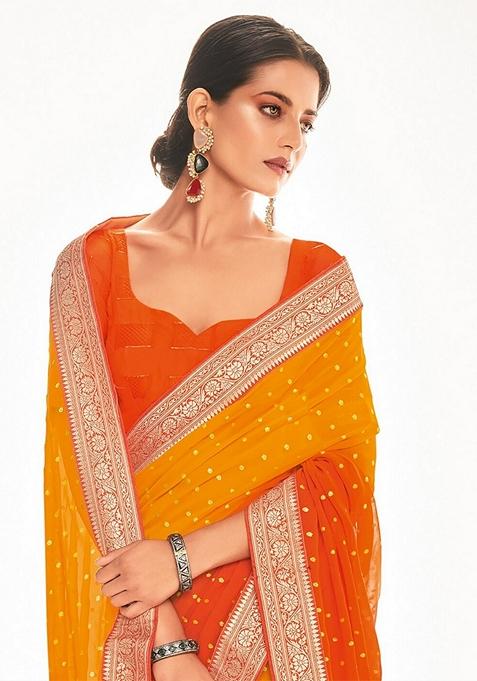 Orange Foil Print Georgette Saree Set