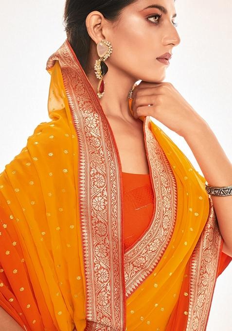 Orange Foil Print Georgette Saree Set