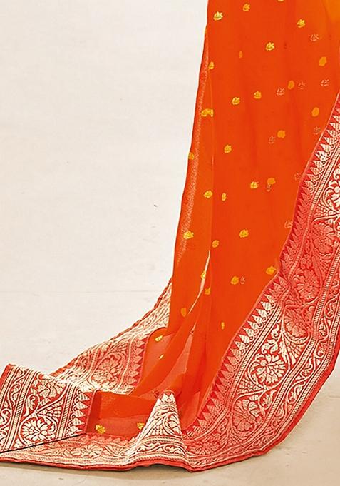 Orange Foil Print Georgette Saree Set