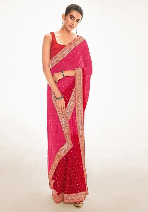 Red Foil Print Georgette Saree Set